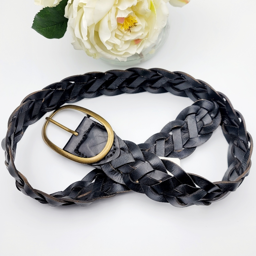 100% Leather Black Braided Leather Belt with Gold Buckle NEW NWT Vidorra Retro